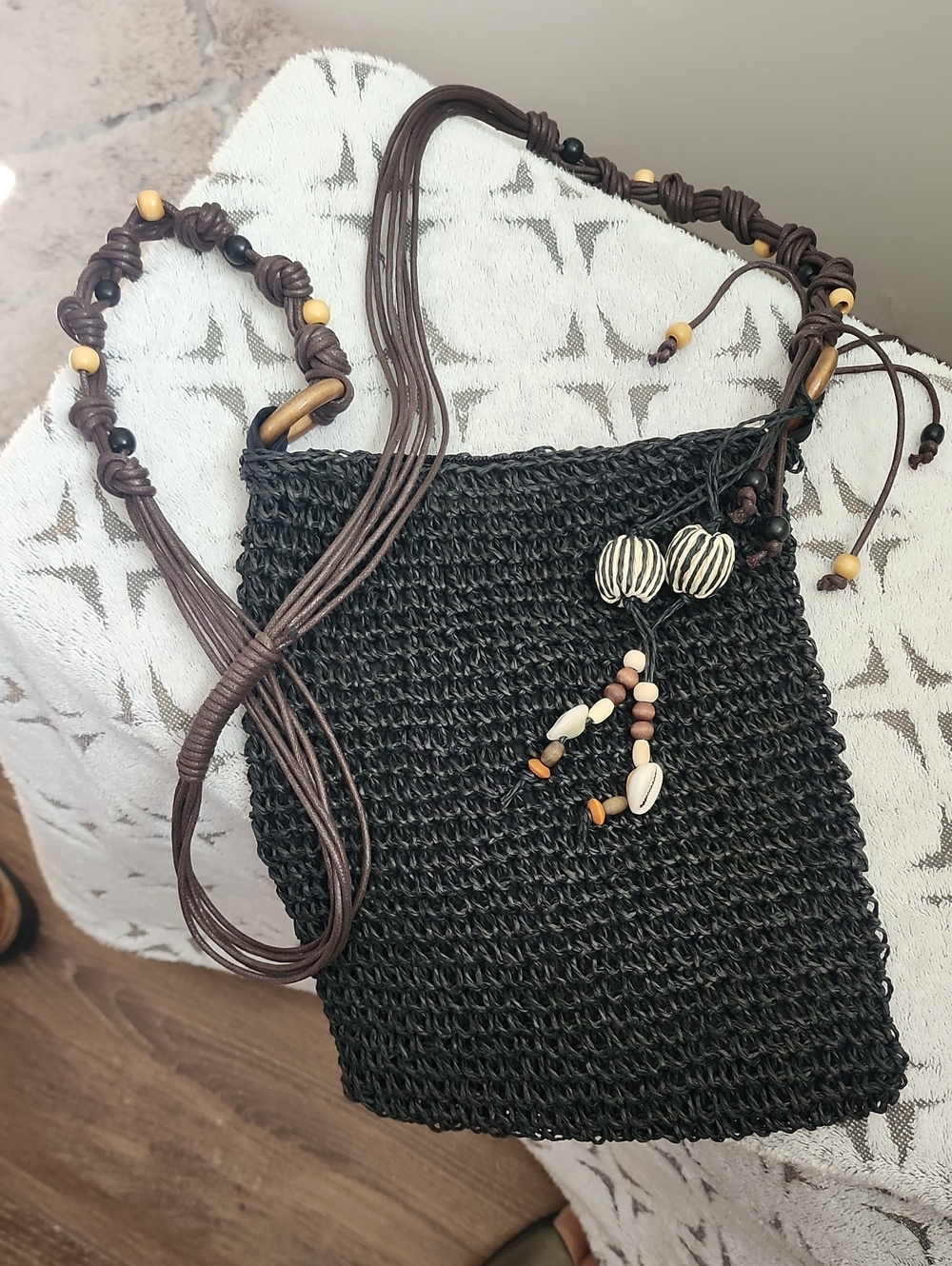 NWOT  Black Woven Crossbody Bag with Bead Tassel